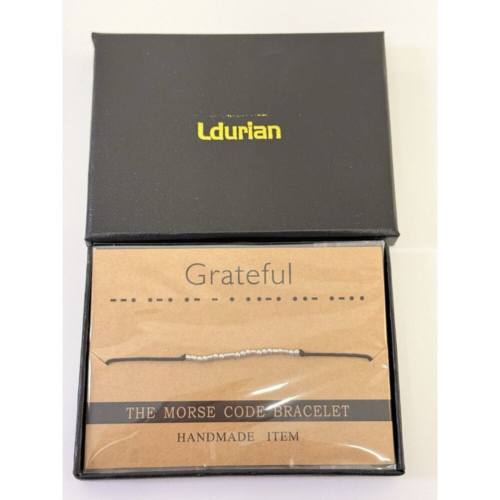 Ldurian Morse Code 'Grateful' Bracelet Handmade Adjustable Black Cord Silver